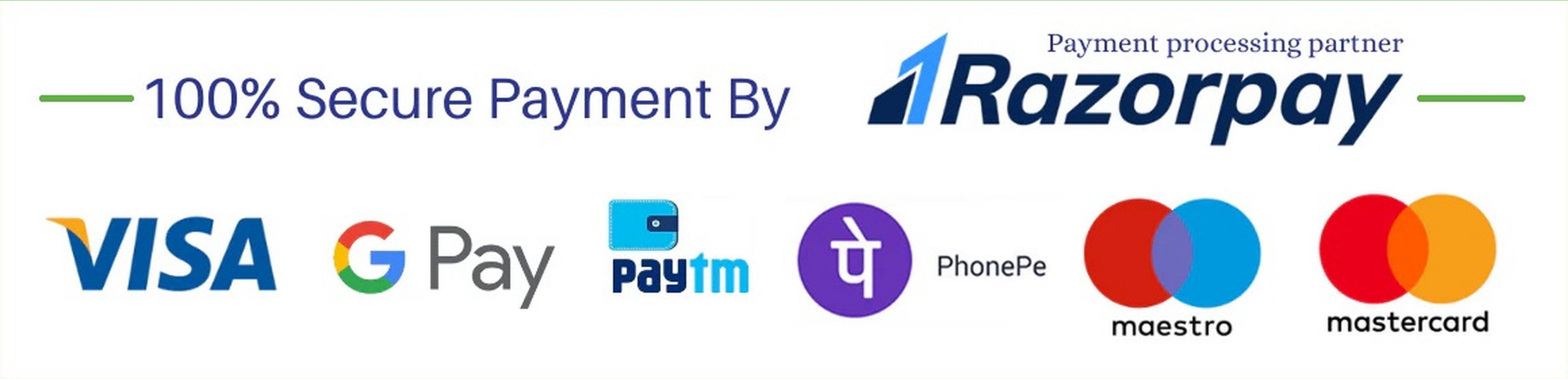 Logos of Visa, Google Pay, PayPal, PhonePe, Maestro, and Mastercard with Razorpay's payment processing partner logo on a white background.